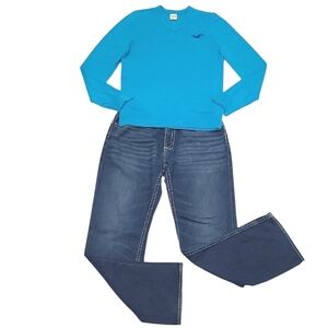 Hollister V-Neck Pullover Sweater Ribbed Hem Logo Slim Fit Stretchy Cardigan Y2K